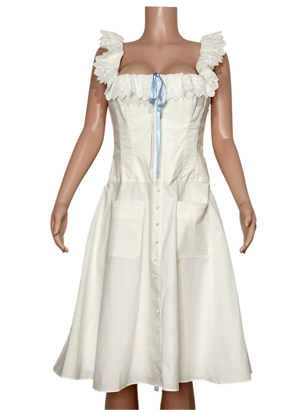 HOUSE OF CB Mathilde Broderie-Anglaise Stretch-Cotton Dress, Cloud Dancer, L+ - Picture 6 of 11